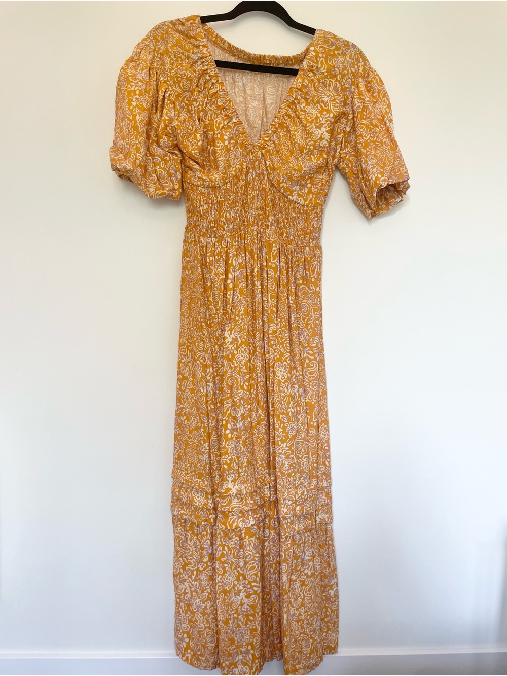 Women’s Yellow Paisley Maxi Dress with Smocked Waist